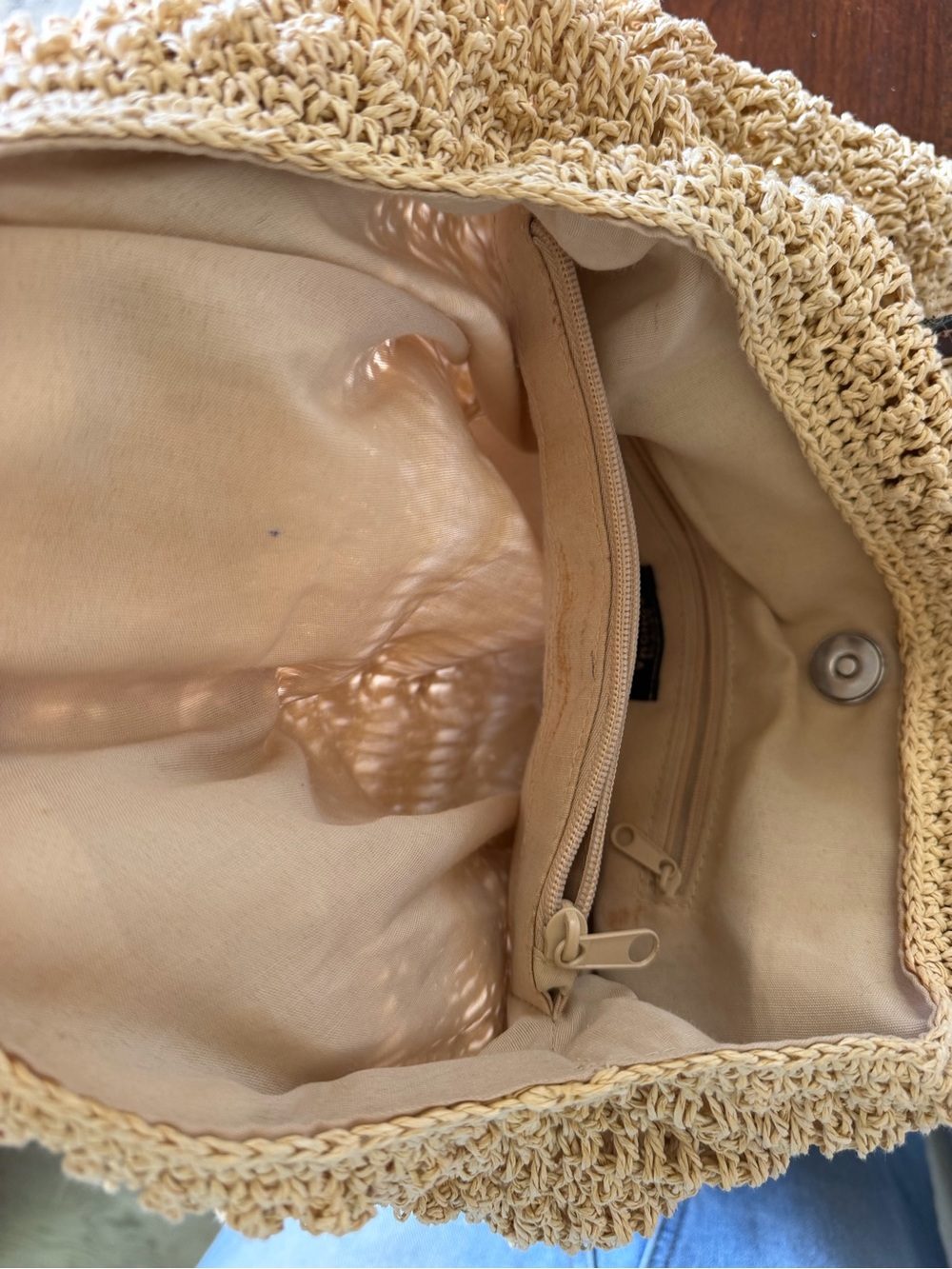 Sonoma Crochet Woven Straw Shoulder Tote in Beige with Dark Brown Handles - Picture 4 of 8
